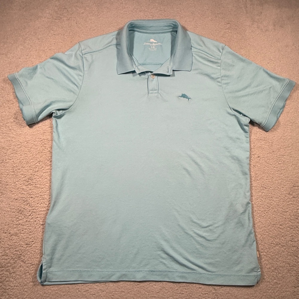 Tommy Bahama Polo Shirt Mens L Blue Short Sleeve Marlin Logo Casual Classic
